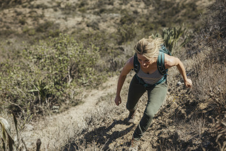 A woman is energetically ascending a steep trail surrounded by rugged terrain and sparse vegetation.の写真素材
