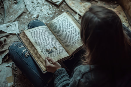 A person sits on the floor in a neglected space, thoroughly absorbed in reading an old book filled with memories.の写真素材