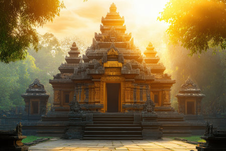 Golden light illuminates an ornate temple surrounded by lush greenery at dawn, creating a tranquil atmosphere.の写真素材