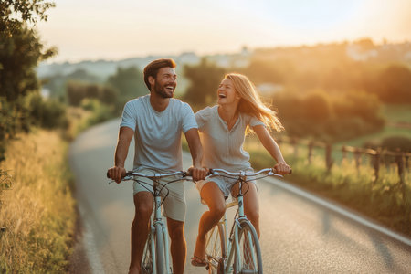 Two friends ride bicycles together while laughing, surrounded by beautiful sunset scenery.の写真素材