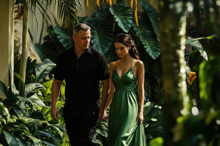 A couple strolls hand in hand through a vibrant tropical garden, enjoying a romantic moment together.の写真素材