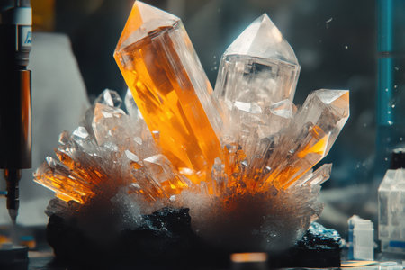 Bright orange and clear quartz crystals emerge from dark rock, creating a captivating and vibrant composition.の写真素材