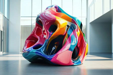 A large, vibrant sculpture with a fluid design captivates visitors in a spacious contemporary art gallery.の写真素材