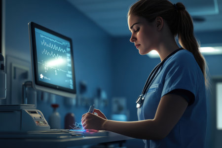 A healthcare worker examines vital signs on a monitor while writing notes in a dimly lit hospital room.の写真素材
