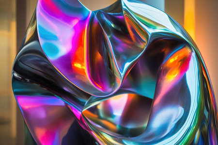 A unique sculpture features swirling shapes and brilliant colors, creating a captivating visual experience indoors.の写真素材