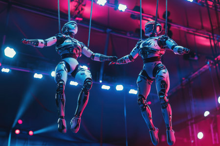 Two humanoid robots elegantly suspended in the air, showing synchronized movement at a tech exhibition.の写真素材