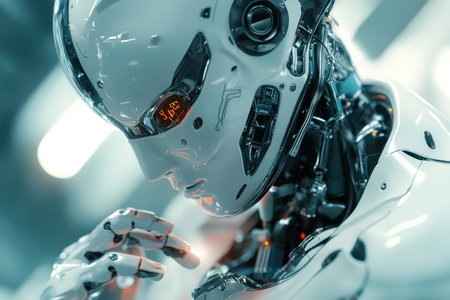 A humanoid robot explores its surroundings, showing advanced technology and intricate mechanics.の写真素材