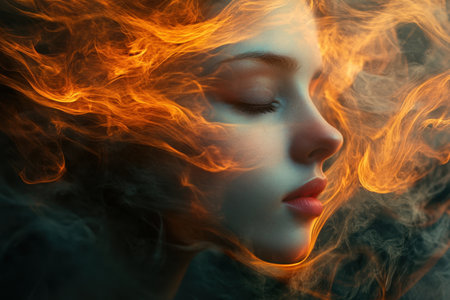 A young woman with closed eyes is surrounded by luminous fire-like wisps of color, creating a captivating atmosphere.の写真素材