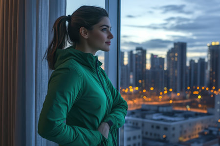A young woman wearing a green jacket stands by a window, reflecting on the city skyline as the sun sets.の写真素材