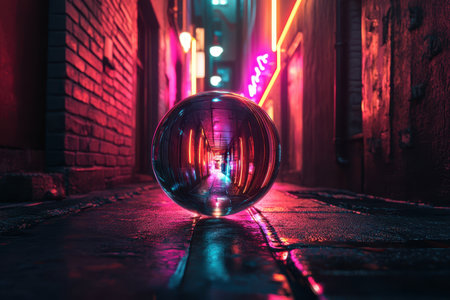 A glass orb rests on the wet ground, reflecting vibrant neon lights in a narrow alleyway at night.の写真素材