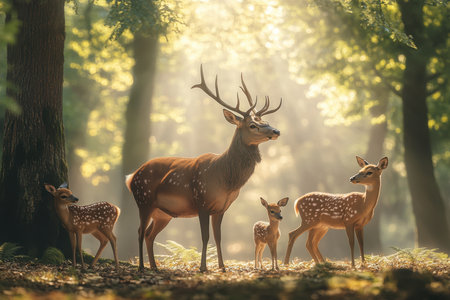 A family of deer stands together in a peaceful forest, surrounded by soft sunlight filtering through the trees.の写真素材