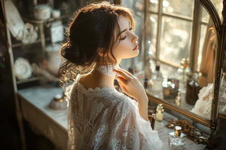A young woman stands elegantly by a window, adorned in intricate lace, surrounded by antique glassware.の写真素材