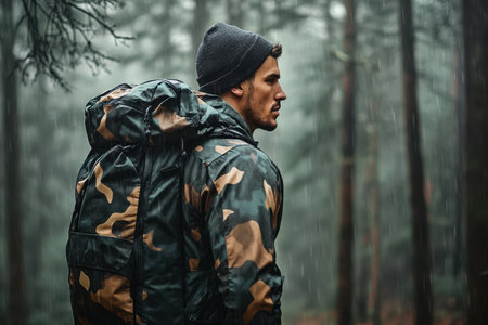 Man equipped with a camouflage jacket and backpack walks through a misty forest with rain falling.の写真素材
