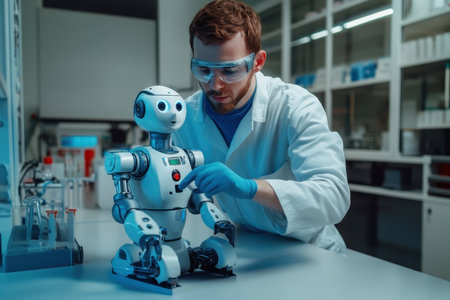 A scientist in a lab coat interacts with a humanoid robot, exploring technology and innovation in a bright laboratory.の写真素材