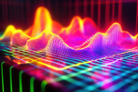 Colorful sound waves form intricate patterns in a digital format, showing audio analysis and creativity.の写真素材
