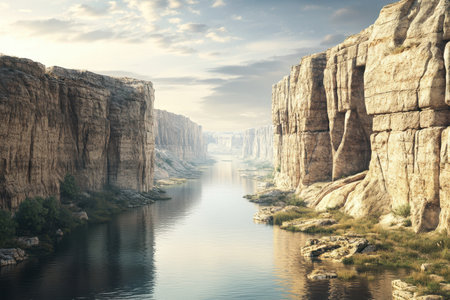 A tranquil river flows between steep rock formations under a soft, cloudy sky during daylight.の写真素材