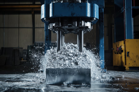 A hydraulic press shapes metal in an industrial facility while water cools the process, creating splashes.の写真素材