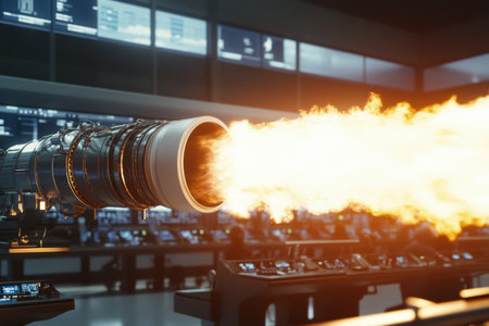A powerful jet engine is tested, producing flames in a high-tech facility while engineers observe monitoring screens.の写真素材