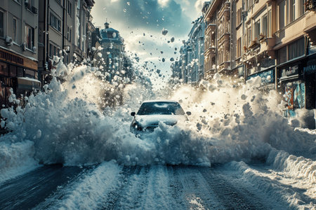 A car moves through densely packed snow on a city street, spraying snow around amid cold wintry weather.の写真素材