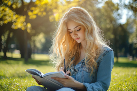 A woman with long blonde hair writes in a journal while sitting on the grass in a park filled with sunlight.の写真素材