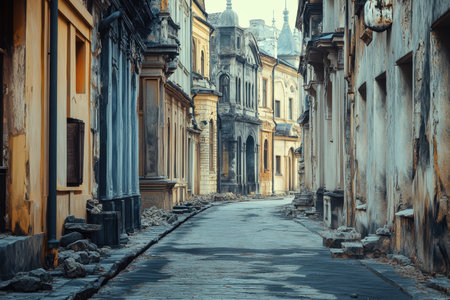 A quiet cobblestone street features worn buildings with faded facades and a sense of history at dawn.の写真素材