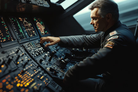 A skilled pilot focuses on flight instruments and controls while navigating an aircraft in the evening.の写真素材