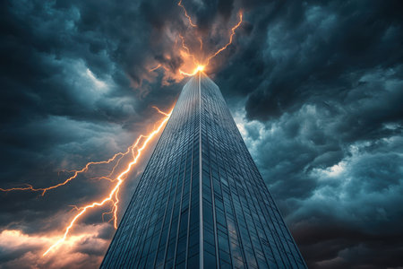 A skyscraper reaches high into dark clouds as lightning strikes during a powerful storm at dusk.の写真素材