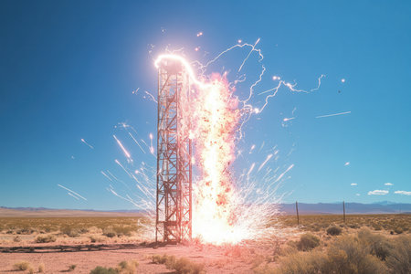 A tower erupts with flames and sparks, illuminating the desert landscape under a bright blue sky.の写真素材