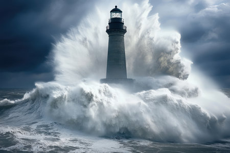 Powerful waves pound the base of a sturdy lighthouse as storm clouds gather overhead during a turbulent day at sea.の写真素材