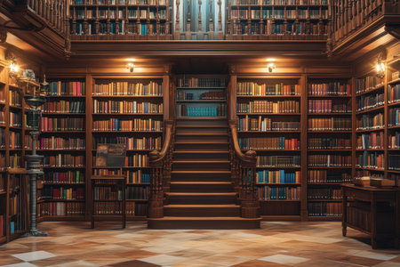 An elegant library showcases tall wooden bookshelves filled with books, illuminated by warm lights.の写真素材