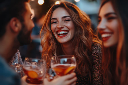Three friends share a joyful moment, laughing and enjoying colorful cocktails under string lights at dusk.の写真素材