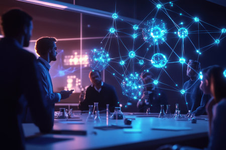 Group of professionals engaged in a discussion about technology and innovation in a contemporary setting.の写真素材