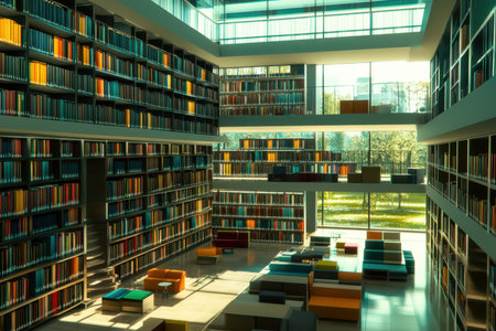 Colorful bookshelves fill the walls of a spacious library, while bright seating invites reading and relaxation.の写真素材