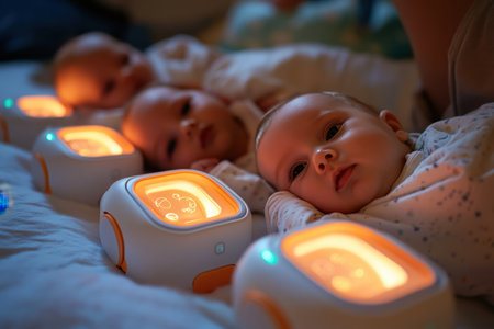 Three babies relax side by side while soft lights glow around them, creating a peaceful atmosphere for bedtime.の写真素材