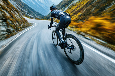 A cyclist speeds along a curvy road surrounded by mountains, showing autumn foliage and dramatic scenery.の写真素材