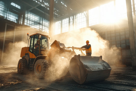 Workers use a loader and bulldozer in a dusty warehouse while sunlight streams through large windows.の写真素材