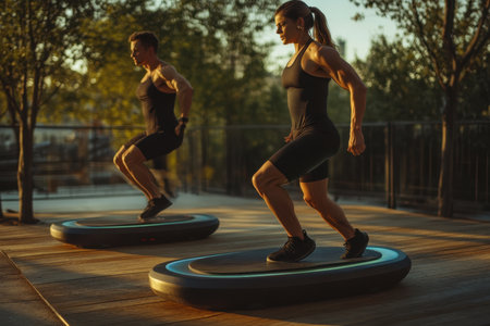 Two individuals perform jump exercises on modern fitness equipment in a serene outdoor setting at sunset.の素材