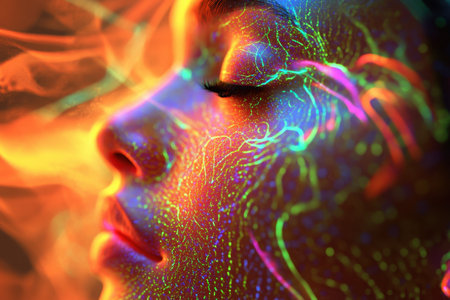 A close-up of a woman's face featuring colorful neon patterns, highlighting artistic expression in low light.の写真素材