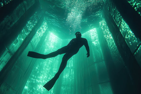 A diver swims gracefully through a deep, illuminated shaft with shimmering green hues and bubbles rising around.の写真素材