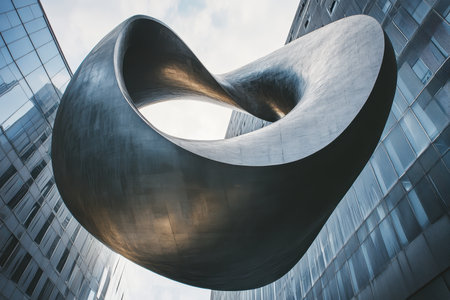 A large, abstract metal sculpture hovers between sleek glass buildings, showcasing modern artistry in an urban setting.の写真素材