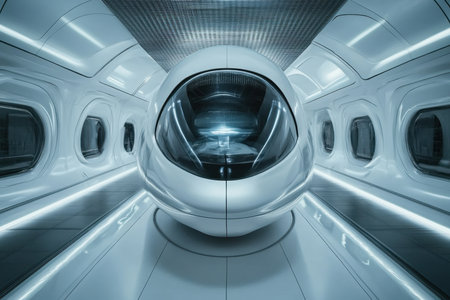 Innovative transportation pod stands alone in a high-tech environment with glowing lights and smooth surfaces.の写真素材