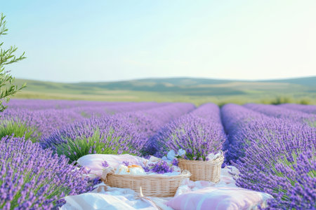 A serene picnic is set among vibrant lavender rows under a clear sky, featuring baskets and soft blankets.の写真素材