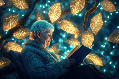 A senior man enjoys reading a book in a whimsical environment surrounded by luminous leaves and soft lights.の写真素材