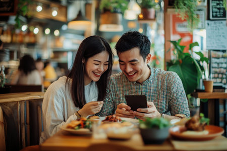 Two people are happily sharing food and checking a smartphone, surrounded by a warm cafe atmosphere.の写真素材