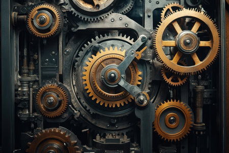 Detailed view of a clock's inner workings featuring spinning gears and cogs in a mechanical arrangement.の写真素材