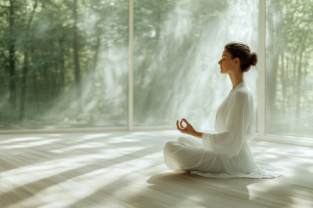A woman sits cross-legged in a bright room, meditating peacefully in the presence of lush greenery.の写真素材