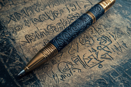 A beautifully crafted pen lies atop an elaborate surface covered in mysterious engravings and symbols.の写真素材