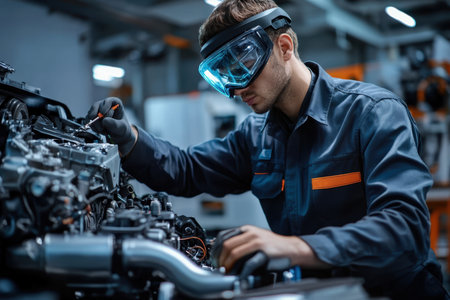 Mechanical inspects and repairs an engine, demonstrating expertise in a busy workshop environment.の写真素材