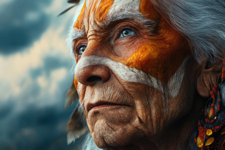 Elderly person adorned with traditional face paint gazes thoughtfully into the distance under a cloudy sky.の写真素材