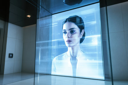 A lifelike holographic woman appears in a minimalist environment, creating a futuristic atmosphere.の写真素材